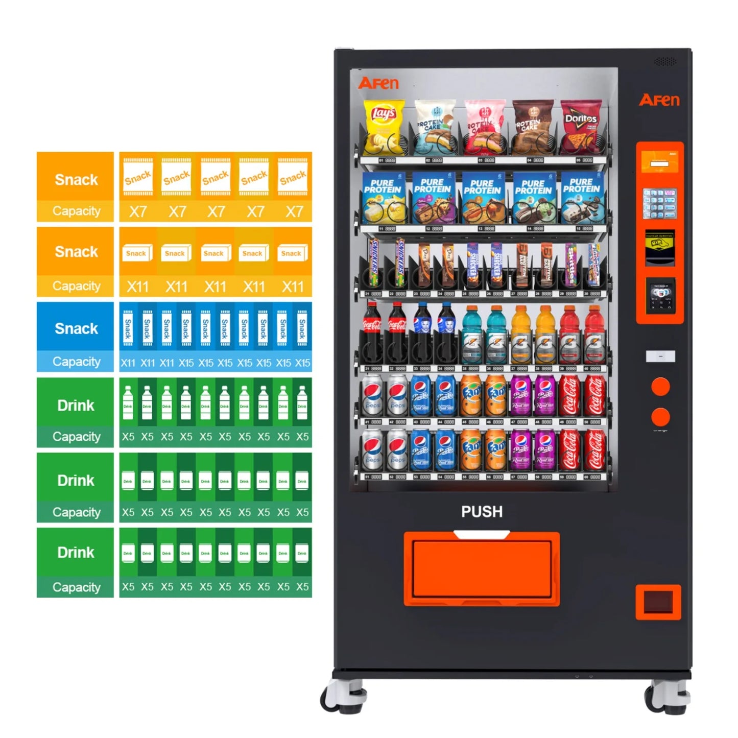 AFEN Large Capacity Cola Soda Vending Machine with Bill Acceptor and Card Reader for Offices Gyms and Retail Locations